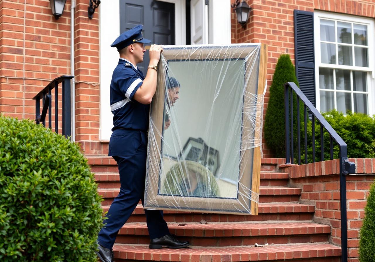 Mover carrying wrapped mirror up steps